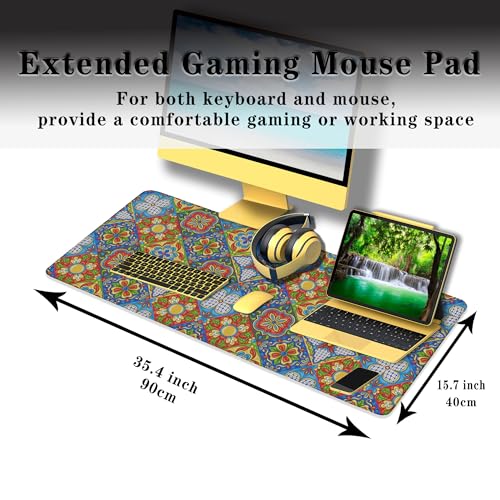 Extra Large Mouse Pads Gold Pad for Mouse Gaming Mousepad Computer Mat Large Mouse Mat Non-Slip Rubber Base 35.4 X 15.7 for Game Office, Mexican Talavera Ceramic Tile Pattern - color: Ceramic Tile Pattern