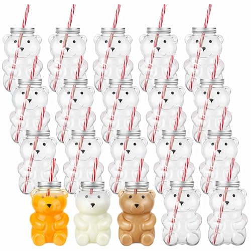 Sliner Valentine Bear Bottles with Straws Including Plastic Bear Drink Empty Bottle & Straws & Caps for Valentine Party Juice Milk Cup Drink Water Container - style: Bear