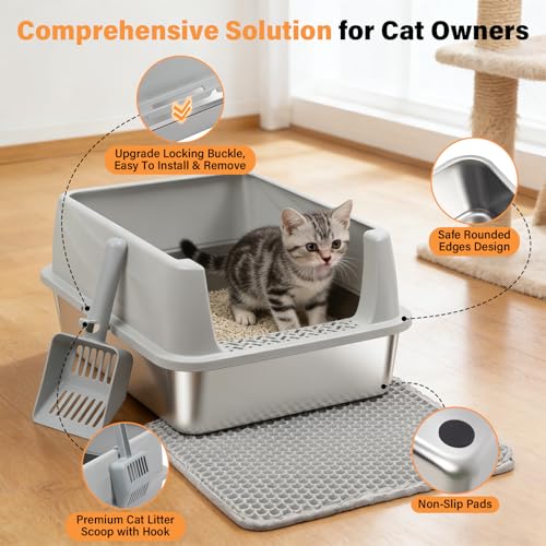 Stainless Steel Cat Litter Box for Kittens, Low Entry Kitten Litter Box | Small Metal Litter Box, Includes Scoop and Mat, High Sided, Non-Sticky, Anti-Urine Leakage, Easy Cleaning - size: Small(17.3"x13.4"x8.1")