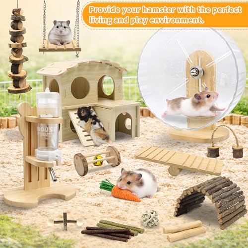 20 Pieces Hamster Cage Accessories, Wooden Hamster Wheel Toys, Water Bottle | 9.45 In Silent Hamster Wheel, Chew Toys Set, House And Water Bottle with Stand for Chinchillas Guinea Pig Rat Small Animals