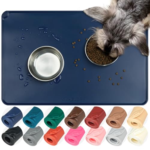 VIVAGLORY Pet Food Mat Flexmat Dog Bowl Mat, S, Navy Blue | Non Slip Silicone for Pet Kitten & Doggy, Placemat with Lip for Floor - color: Navy Blue, size: S (18.9 x 11.8in)