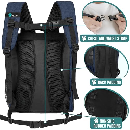 PetAmi Dog Backpack Carrier Airline Approved Cat Pet Puppy Bag, Navy | Ideal for Small Medium Large Pet up to 18 lb, 2 Side Entry Structured No-Collapse Frame, Ventilated Bookbag for Hiking Travel - color: Heather Navy