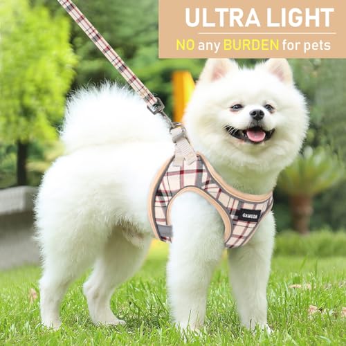 GAMUDA Small Dog Harness Collar and Leash Set, Step in No Chock No Pull Soft Mesh Adjustable Dog Vest Harnesses Plaid Reflective for Dogs Puppy Cats Kitten Rabbit (Beige, S) - color: Beige Red, size: S