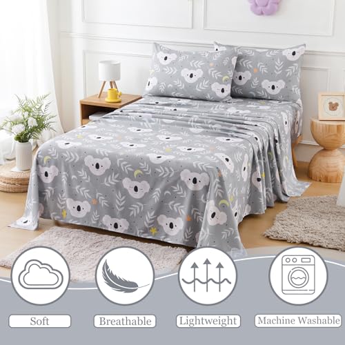 Twin Sheets Set Kids Cute Koala Animal Printed Bed Sheet 3 Pieces | 15 inch Deep Pocket Fitted Sheet and Pillowcase Set, Soft Breathable Microfiber Cartoon Printed Bed Sheet for Kids Room - color: Koala, size: Twin