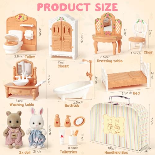 TUZT Suitcase Dollhouse Furniture Set for Kids, Mini Dollhouse Box with 2 Flexible Dolls and Bedroom&Bathroom Furnitures, Pretend Play Accessories Christmas Birthday Gift for Toddlers Ages 3+ - style: Bathroom