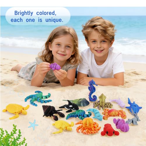 15 Pack 3D Printed Sea Animal Toys with Educational Cards, Articulated Ocean Animal Figurines and Fidget Desk Pets for Kids Ages 3-8, Birthday Gifts, Classroom Prizes & Desktop Decor