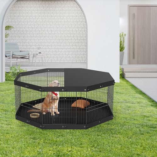 VEVOR Foldable Metal Dog Exercise Pen, Pet Playpen Dog Fence for Camping with Top Cover and Bottom Pad, 24" H 8 Panels, Puppy Crate Kennel Indoor Outdoor for Medium Dogs, Both for Home&Yard - size: 8 panels 24*24in, style: Playpen + Top Cover & Bottom Pad