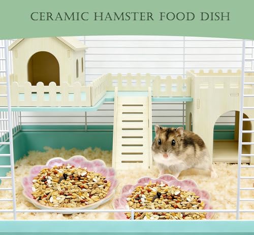 Hamster Food Bowl，2 Pcs Sunflower Hamster Bowls,Hamster Ceramic Food Bowl，Food Dish for Small Animals Hamster Guinea Pig Rat Mice Gerbil Dwarf (Pink+Green)
