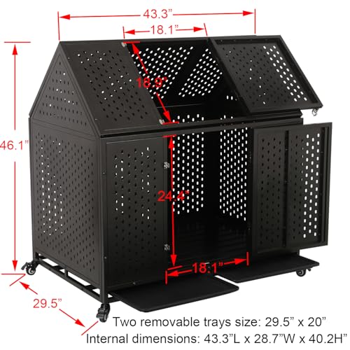 44 inch Heavy Duty Indestructible and Escape-Proof Dog Crate Cage for Large Giant Dogs, Steel Double Door Indoor High Anxiety Pet Kennel with Trays and Wheels, Extra Large XL XXL - size: 43.3"L x 29.5"W x 46.1"H