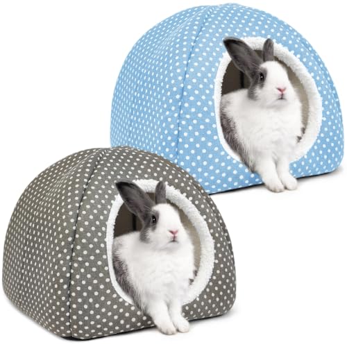 2 Pack Rabbit Hideout Large Bunny Bed Washable Rabbit House | Fleece Hiding Hut for Indoor Bunnies Guinea Pigs, Small Animal Hideaway - color: Gray+Light blue