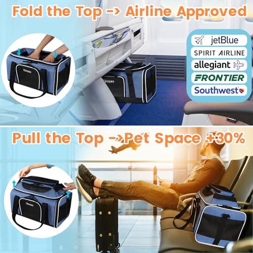 Top-Expandable Small Pet Carrier 17"x12"x8.5" Airline Approved | for JetBlue/Frontier/Spirit Airlines, Lockable Safety Zippers and Anti-Scratch Mesh, Soft-Sided, Pets Under 8 Lbs, Blue - color: Blue, size: 17.0"L x 12.0"W x 8.5"H