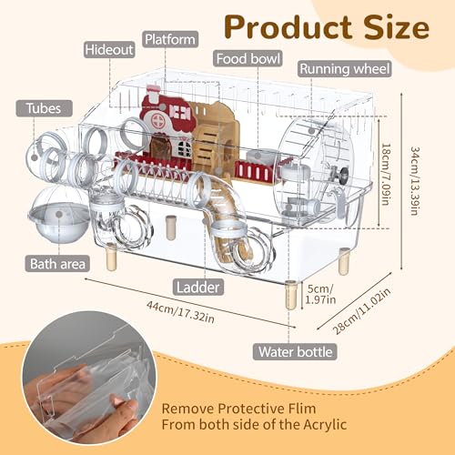 8 in 1 Acrylic Hamster Cage 2 Tier Dwarf Hamster Cage 360° Clear Viewing | Hamster Cage Transperant Hamster Habitat Top Open Gerbil Cage Mouse Cage with Tubes for Pet Mice (Clear, 17.7"x13"x11.8") ﻿