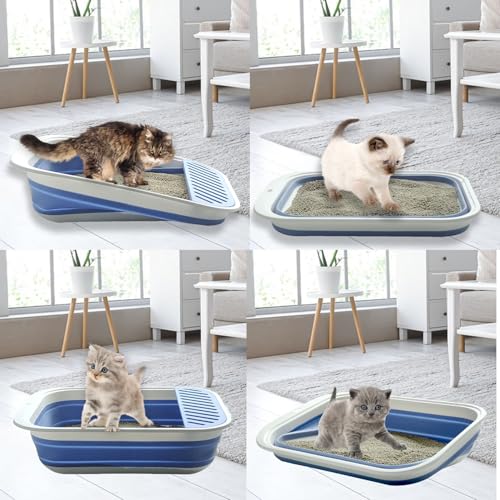 Low Entry Kitten Litter Box Collapsible Shallow Litter Box | Senior Cats Anti-Splashing Kitty Training Open Potty Pan Scoop Leak-proof pedal Cat Toilet No Smell Easy Clean - color: Blue, size: Medium