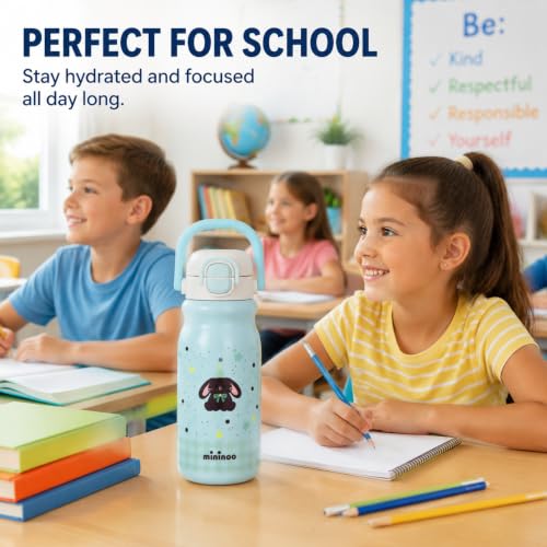 Mininoo 18oz Insulated Stainless Steel Kids Water Bottle for School, Bunny | 2-in-1 Straw & Spout Lid, Leak-Proof, BPA-Free, for Girls & Boys, Blue - color: 18oz Light Blue-Bunny
