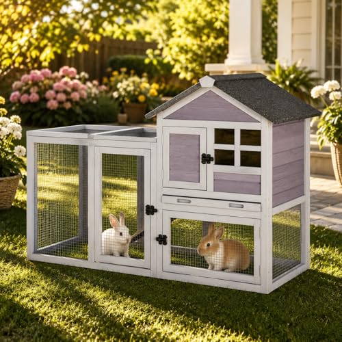 Aivituvin Two-Tier Rabbit Hutch Outdoor Bunny Cage Indoor with Weatherproof Roof Rabbit Cage with Chew-Proof Ramp and Pull-Out Tray for for Small Animals Grey