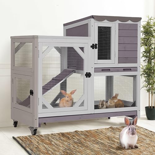 Gutinneen 2-Story Rabbit Hutch Indoor Bunny cage Outdoor Wooden Rabbit Cage House with Chew-Proof Ramp, 2 Leak-Proof Trays, 4 Lockable Wheels for Rabbits, Guinea Pigs, 39.3”L×22”W×36.8”H (Grey) - color: Grey, size: 39.3"L x 22.0"W x 36.8"H
