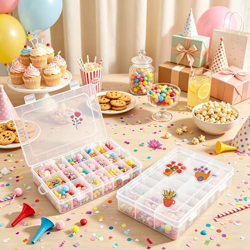 OALCQ Plastic Organizer Box with Dividers, 100 PCS Floral Stickers, 24 Grid Small Parts Storage Container for Beads & Craft, Clear Tackle Case for Screws Jewelry Accessories - style: floral