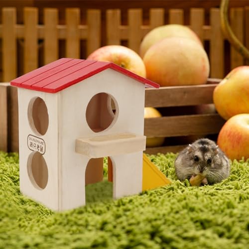 Hypeety Wooden Hamster Villa House & Maze Hideout Cage - Exercise Toys for Dwarf Hamsters, Gerbils, and Small Pets Natural Wooden Habitat with Climbing Accessories (Villa House) - color: Red