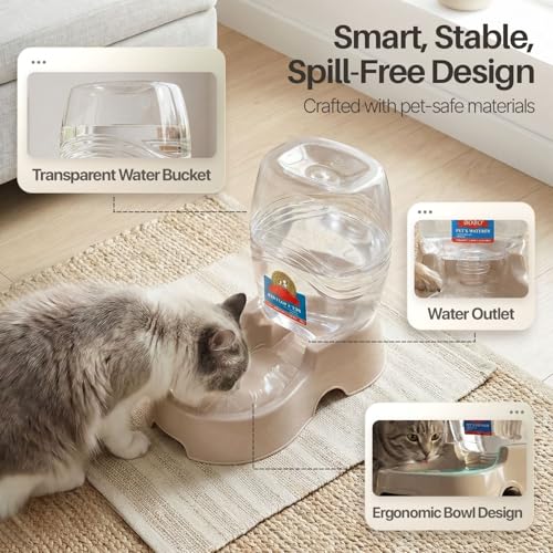 Flexzion Gravity Pet Water Dispenser for Cats & Small Dogs, 1/4 Gal Beige | Automatic Cat and Dog Waterer with 900 Ml Reservoir, Non-Skid Feet, Recessed Carry Handle, and Easy-Clean Pp Bowl - color: Beige, size: 1.5 L