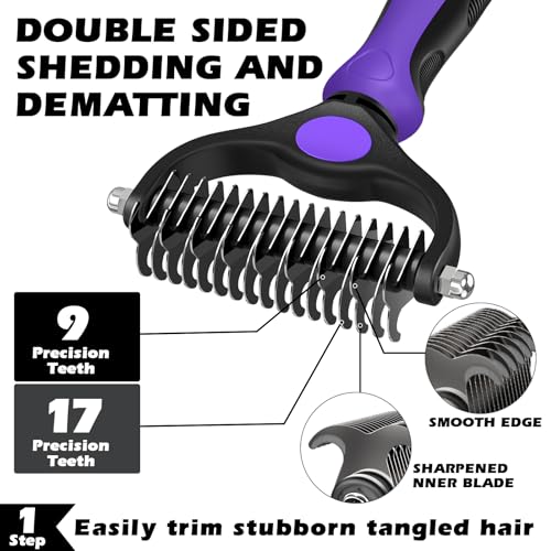 Professional 3PCS Self Cleaning Slicker Brush & Pet Grooming Rake & Flea Comb for Dogs,Cats and Horses | Double-Sided Dematting Comb & Skin Friendly Deshedding Grooming Tool | Pet Supplies (Purple) - color: Purple