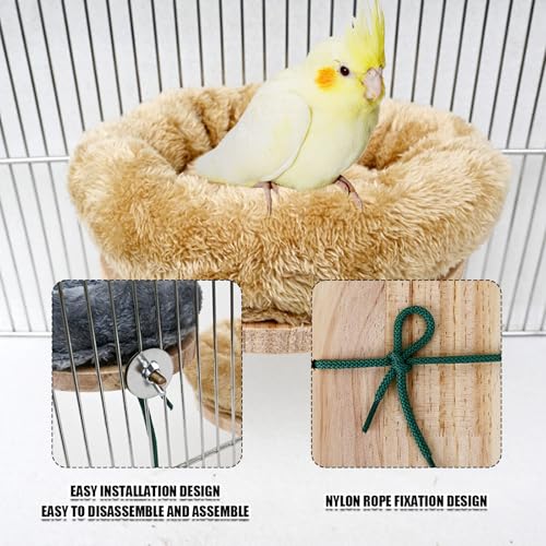 Bird Nest,1Pc Detachable Plush Parrot Hammock Bed,Winter Warm Bird House Snuggle Hut Birds Sleeping Bed Wood Perch for Budgies Cockatiel Conure Parakeet Hamster (Brown, Large) - color: Brown, size: Large