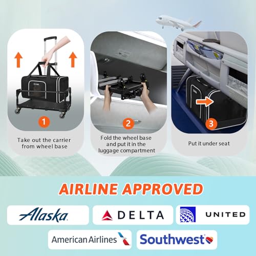 Small Pet Carrier 17"x11"x9.5" with Wheels Airline Approved, Black | for Alaska Airlines, Lockable Safety Zippers and Anti-Scratch Mesh, Pets Under 10 lbs - color: Black and Wheeled, size: 17.0"L x 11.0"W x 9.5"H
