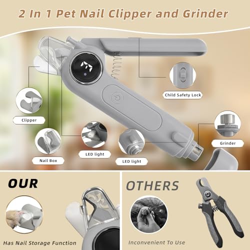 2-in-1 Quiet Electric Pet Nail Clipper & Grinder with Light for Dogs Cats | 3-Speed Grinding, Nail Catcher, Safety Guard, Low-Noise Motor, USB Rechargeable Design for Stress-Free Home Grooming - color: gray