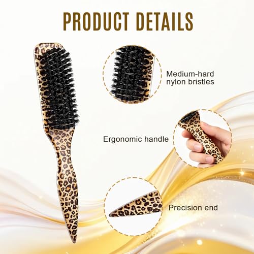 Slick Back Hair Brush Set Teasing Bristle Brush, Hair Wax Stick, Edge Brushes, Rat Tail Comb, Teasing Comb, Wooden Slickback Hairbrush Accessories, Smoothing Combs for Women & Kids(Leopard)