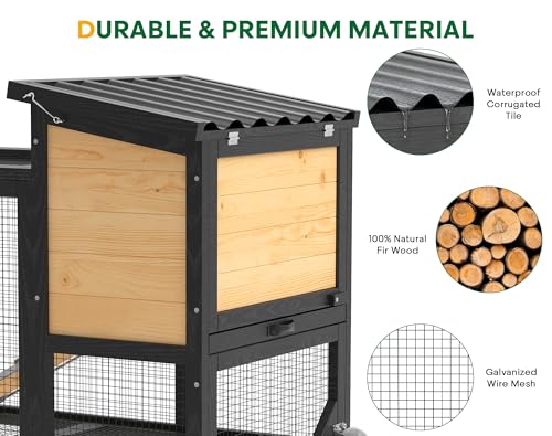 2-Story Rabbit Hutch, Wooden Bunny Cage with Chew-Proof Ramp, Indoor Outdoor Rabbit Cage with Wheels & Pull-Out Tray for Rabbits & Small Animals, Black & Yellow