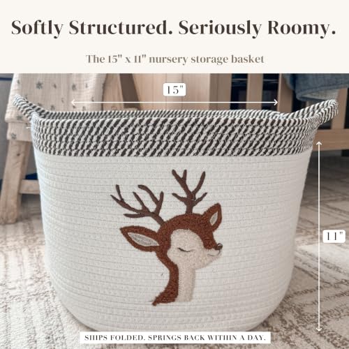 Deer Baby Storage Basket, Woven Cotton Rope Nursery Bin, 15x11 in - color: Deer