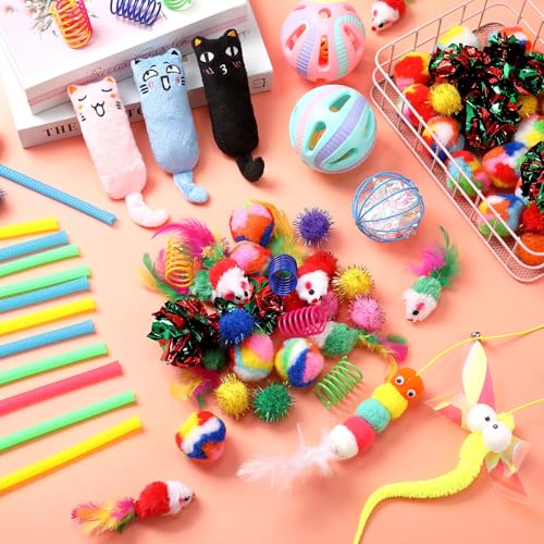 Shappy 150 Pcs Cat Toys for Indoor Cats Bulk, Kitten Toys Pack, Variety Interactive Gift Including Mice Rainbow Balls Spring Crinkle Balls Gift for Kitty Kitten Cat(Funny) - style: Funny