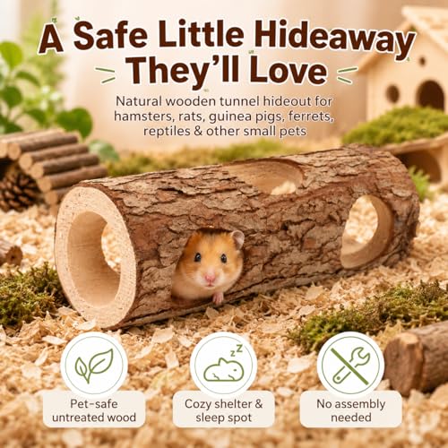 Toddmomy Wooden Hamster Hideout Tunnel for Small Animals 5.90X2.36X2.36In Rat and Guinea Pig Shelter Tube Habitat Safe Play and Rest Space