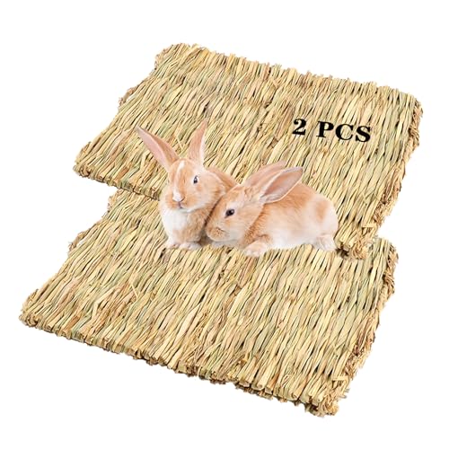 PINVNBY Natural Grass Mat for Rabbits,2 Pack Rabbit Hay Mats,100% Handwoven Hay Chewable Bedding & Cooling Mat for Bunny Guinea Pigs Hamsters Chinchillas - Eco-Friendly Cage Liner,Nesting Toy - size: 【2 PCS】