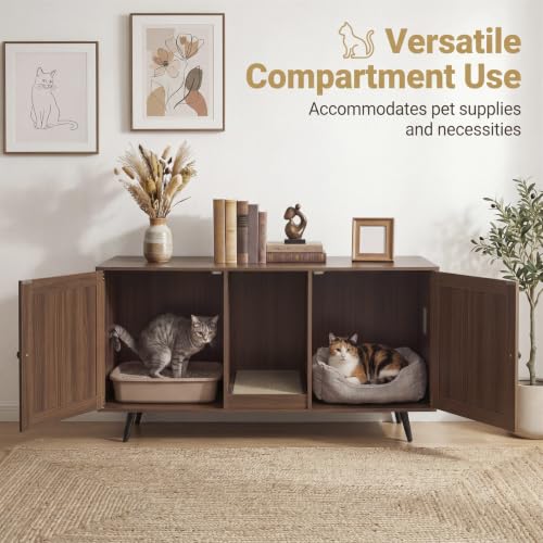 PETSITE Cat Litter Box Enclosure Furniture for 2 Cats, Large Litter Box Cabinet with Scratching Board, and Adjustable Foot Pads, Indoor Cat House TV Stand Side Table, Double Hidden Litter Box - color: Coffee