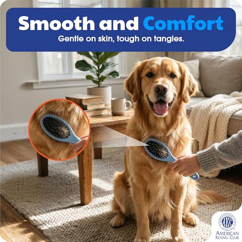 AKC 2-in-1 Grooming Brush for Dogs & Cats, Deshedding & Detangling | Dense nylon bristles remove loose hair from short- and long-coat dogs and cats of all breeds. - style: Combo Brush