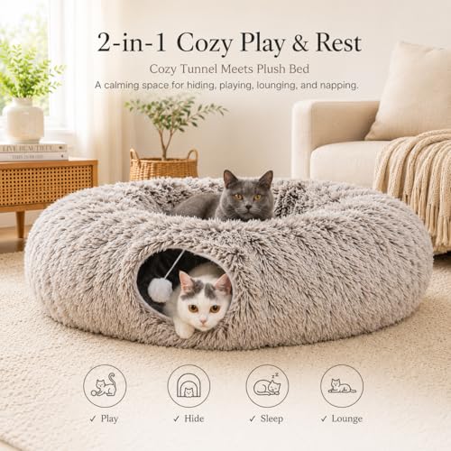 Warm Fluffy Plush Cat Tunnel Bed Under Christmas Tree Big Tube Playground Toys 3 FT Diameter Longer Crinkle Collapsible 3 Way, for Indoor Cat Kitty Kitten Puppy Rabbit Ferret Brown - color: Brown
