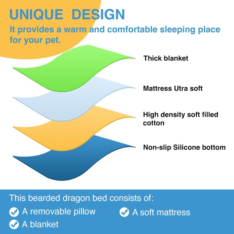 Bearded Dragon Hammock Sleeping Bag Set- Hanging Pet Bed with Pillow and Blanket Hideout Habitat with Soft Warm for Bearded Dragon Lizard Leopard Gecko and Small Pet Animal（Blue + Green Quilt） - color: Blue + Green Quilt