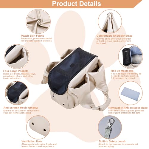 Small Dog Purse Carrier for Puppy Cats Yorkie Chihuahua,Up to 15lbs | Soft-Sided Pet Tote Bag with 4 Large Pockets, Lightweight, Foldable, for Travel Outings Vet (15.4"L×7.9"W×11.8"H, Beige) - color: Beige