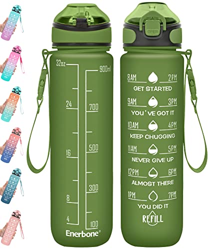 Enerbone 32 oz Drinking Water Bottle with Times to Drink and Straw, Motivational with Carrying Strap, Leakproof BPA & Toxic Free, Ensure You Drink Enough Water for Fitness Gym Outdoor - color: Hunter Green