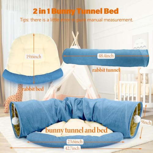 BWOGUE Bunny Tunnel Bed, 2-in-1 Collapsible Rabbit Tunnel Hideout with Mat | Rabbit Tunnel for Indoor Bunnies, 46.8 in Length, Removable Mat, Ball Toy for Play, Soft Suede Fabric, Cats Guinea Pigs - color: Blue