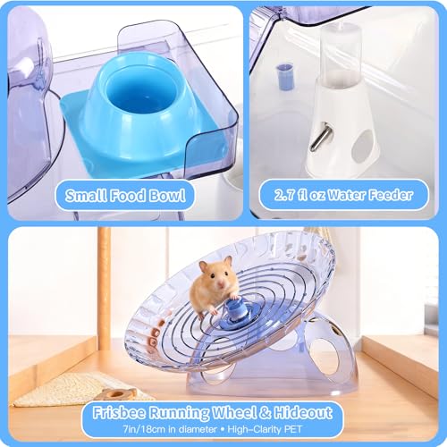 Large Hamster Cage Kit 24x13x14in for Syrian Hamsters & Dwarf Hamsters | with Deepened Base 6″H, Large Platform, Exercise Wheel, 2 Hide-Houses, Water Bottle, Food Bowl, Ladder, Tube Port