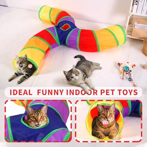 Pet Cat Tunnel, 3 Way Tunnels for Indoor Cats, Collapsible Pet Tunnel for Kitten, Puppy, Rabbit, 25cm-Wide Tunnels, Durable & Breathable, with Peek Hole Toy Ball - color: Angled 3-way Junction Tunnel & Rainbow