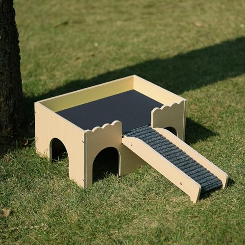 Wooden Guinea Pig Hideout Castle with Stairs,Small Animal Bed Hut Habitats Spacious 2-Level Detachable Small Pet House for Rabbits, Hamsters & Chinchillas Bunny (Grey) - color: Grey