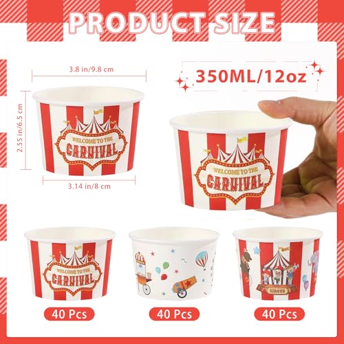 120Pcs 12oz Carnival Theme Ice Cream Cups for Hot or Cold Food | Circus Dessert Bowls Disposable Red White Large Snack Cups for Carnival Birthday Baby Shower Party Supplies - style: Carnival Dessert Cup