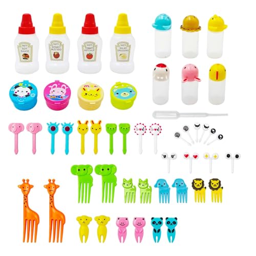 55-Pack Bento Box Accessories & Mini Condiment Bottles Set | 55pack: 4 mini condiment bottles, 40 animal food picks, 4 sauce containers, 7 divider cups. BPA-free, leak-proof, reusable.