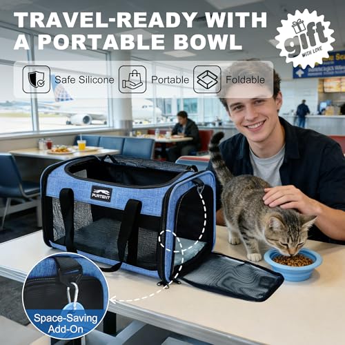 Pet Carrier Airline Approved, Soft Sided Cat Carrier for Small Pets up to 13 lbs, TSA Approved Dog Travel Bag, Portable Soft Sided Pet Carrier for Kittens and Puppies (Blue, Folding Bowl) - color: BLUE