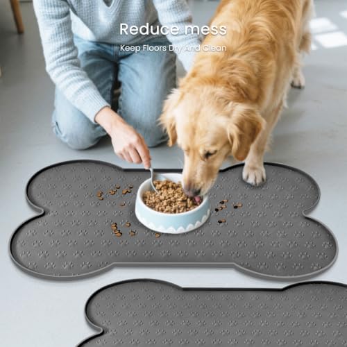 PWTAA Dog Food Mat Anti-Slip Silicone Dog Bowl Mat Thicker Pet Placemat Waterproof Cat Feeder Pad with Raised Edge Puppy Kitten Feeding Mats Suitable Small Medium-Sized Dogs Cats Eating Tray - 2PCS - color: Grey, size: 19.4" x 9.8"-2PCS
