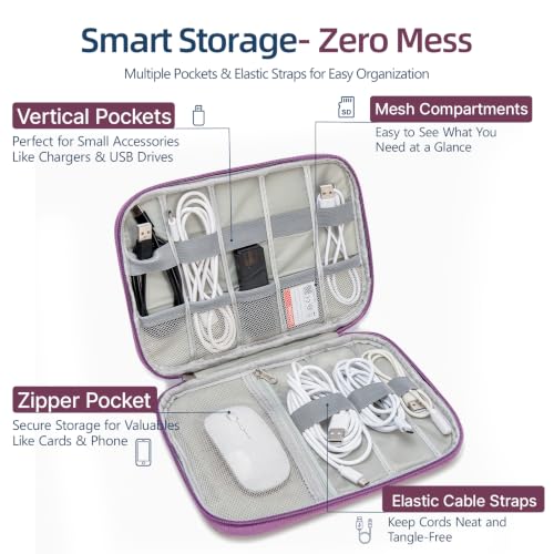 Cable Organizer Bag, Electronics Case for Cords, Chargers & Tech | Organize cables, chargers and power banks with elastic loops, mesh pockets and a slim design for travel. - color: purple, size: S