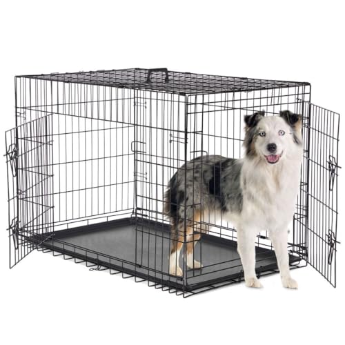 Dog Crate Kennel, 42 Inch Metal Pet Cage Double Door W/Divider Panel, Folding Travel Indoor Outdoor Dog Kennel Leak-Proof Plastic Tray Wire Animal Cage - size: 28.0"L x 28.0"W x 42.0"H