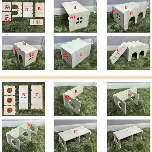2 PCS Wooden Hamster Hideout Multi-Chamber Tunnel Hamster House Hiding Maze Platform Stuff Exploring Toy Cage Accessories for Gerbil Rat Mice - size: L+L